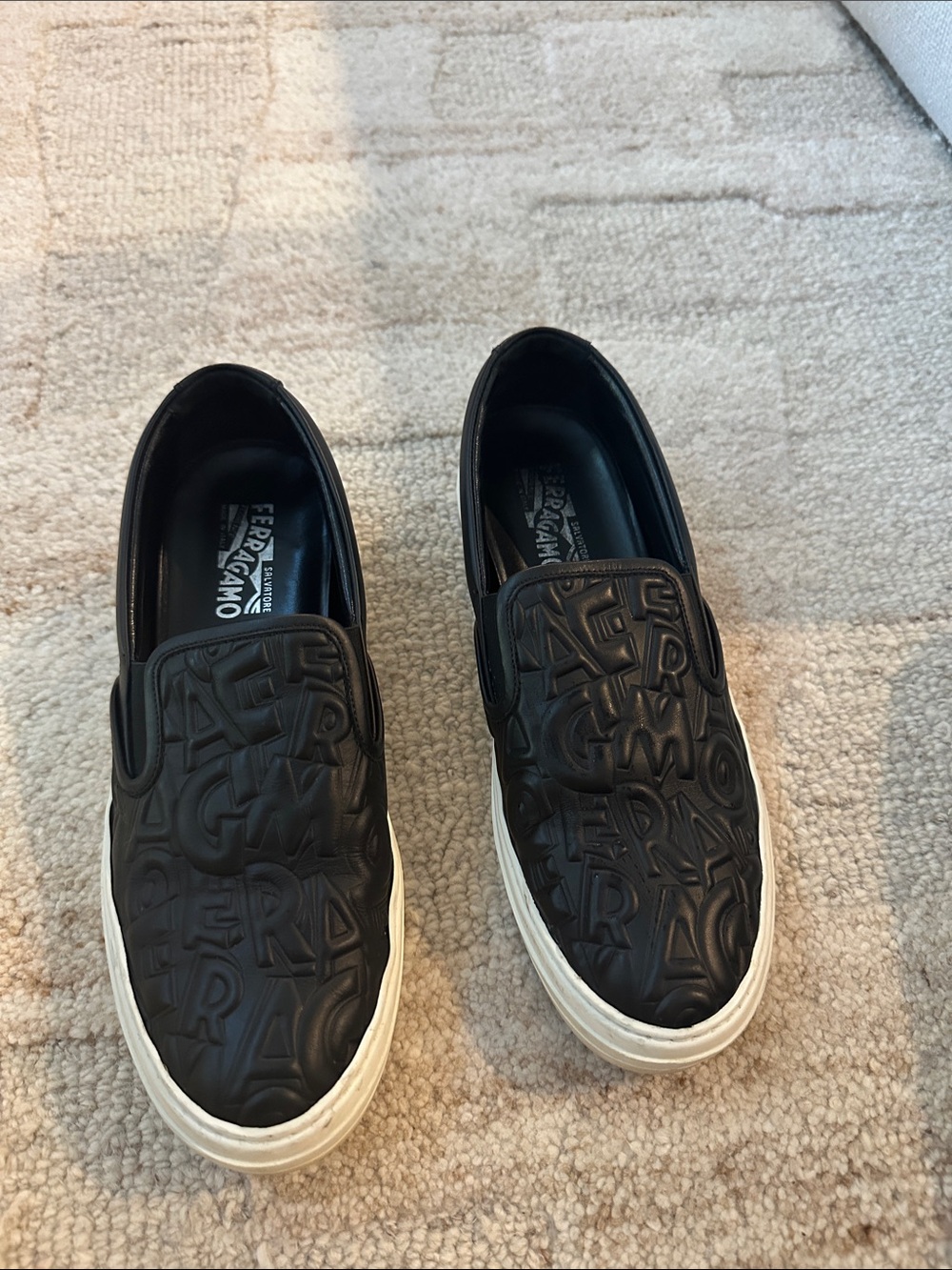 Salvatore Ferragamo Black Embossed Leather Slip-On Sneakers with White Sole